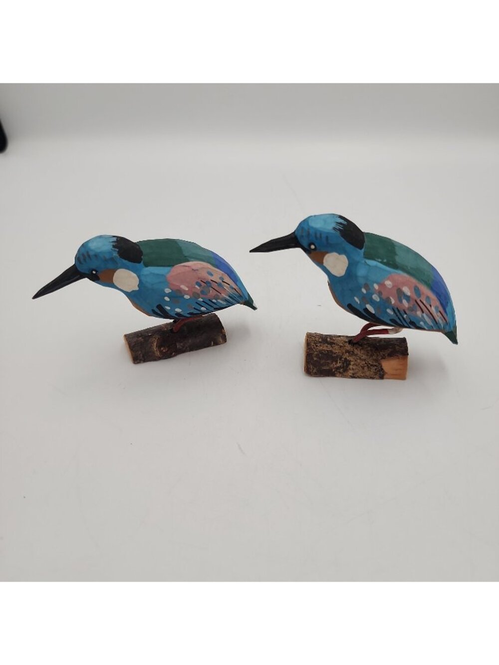 Vintage Hand carved painted wooden Blue Bird Statue Gift log Set Of 2